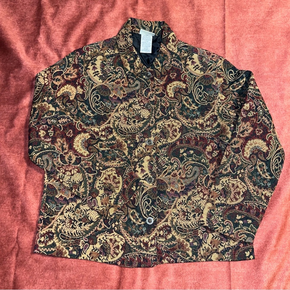 Vintage-Inspired Paisley Button-Up Jacket in Burgundy, Gold & Forest Green